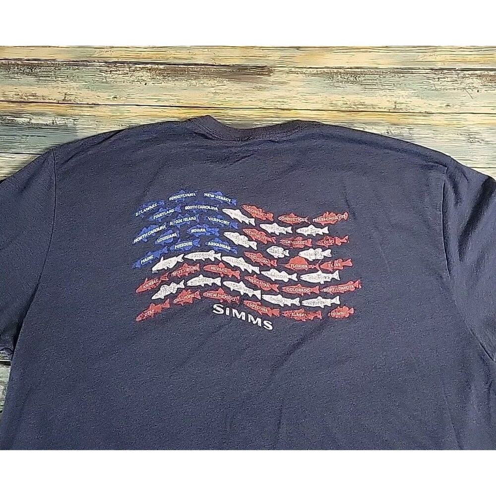 Simms Fishing Products American Flag Fish States USA T Shirt Mens XL Blue